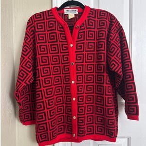 Vintage Western Connection Geometric Cardigan Red Black Made in Italy Size M‎